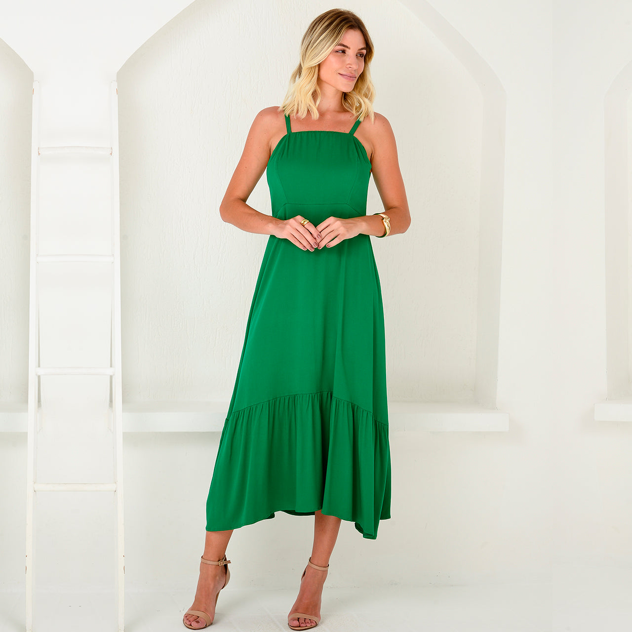 Vestido Midi com Babado na Barra BBonnie Emanuelly Verde Bandeira