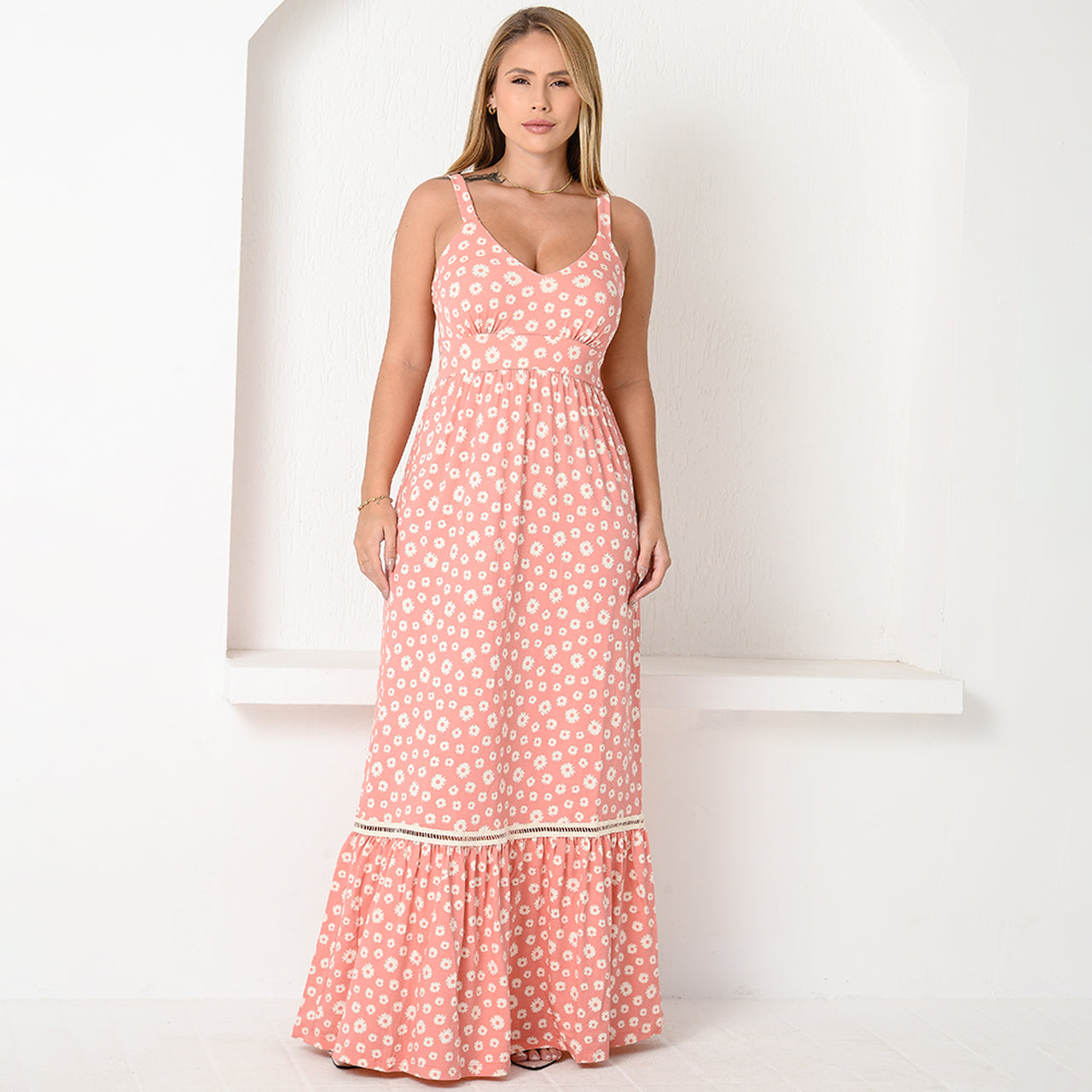 Vestido Longo Alça Barra Guipir com Bojo BBonnie Sarah Floral Rosa