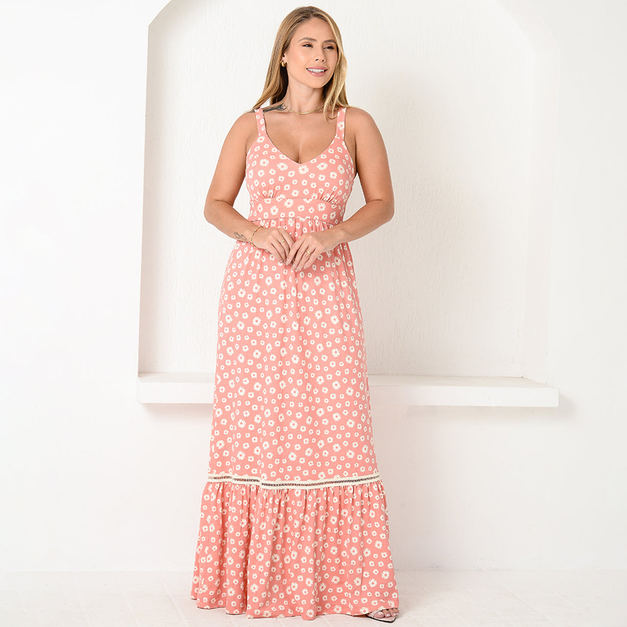 Vestido Longo Alça Barra Guipir com Bojo BBonnie Sarah Floral Rosa