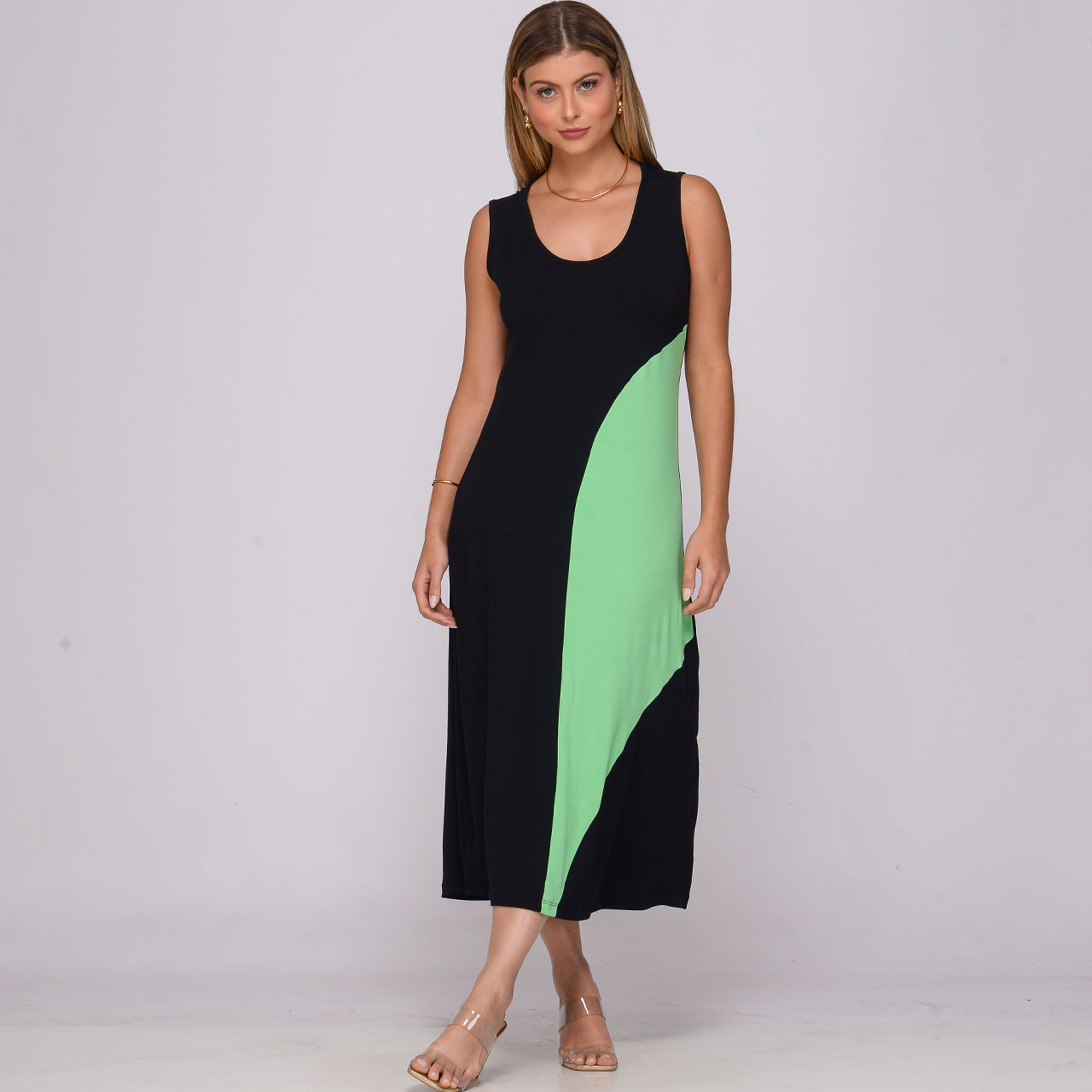Vestido Midi Alça Larga Regata com Recorte BBonnie Lady Preto/Verde
