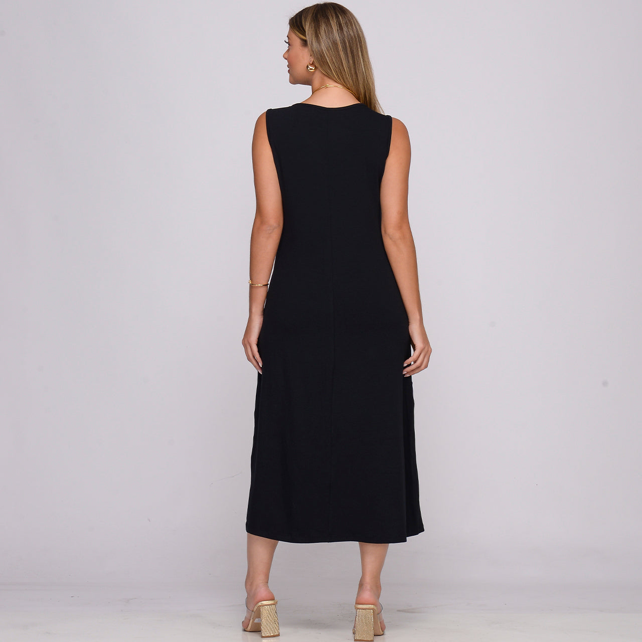 Vestido Midi Alça Larga Regata com Recorte BBonnie Lady Preto/Verde