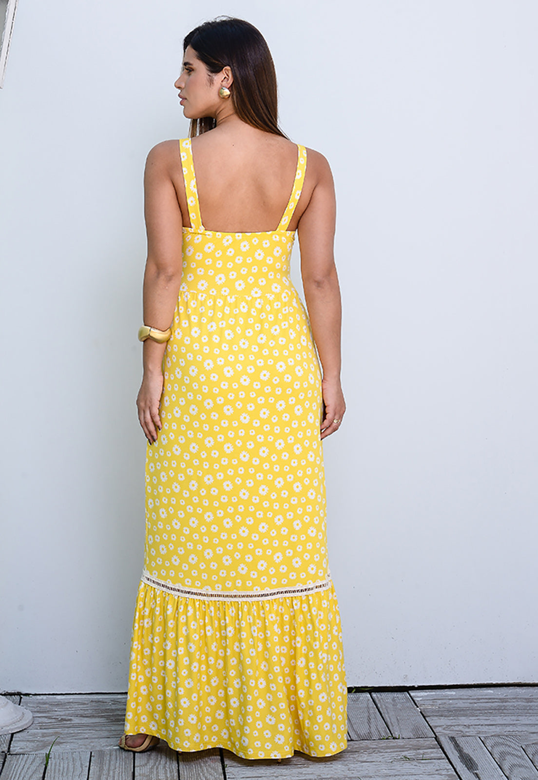 Vestido Longo Alça Barra Guipir com Bojo BBonnie Sarah Floral Amarelo