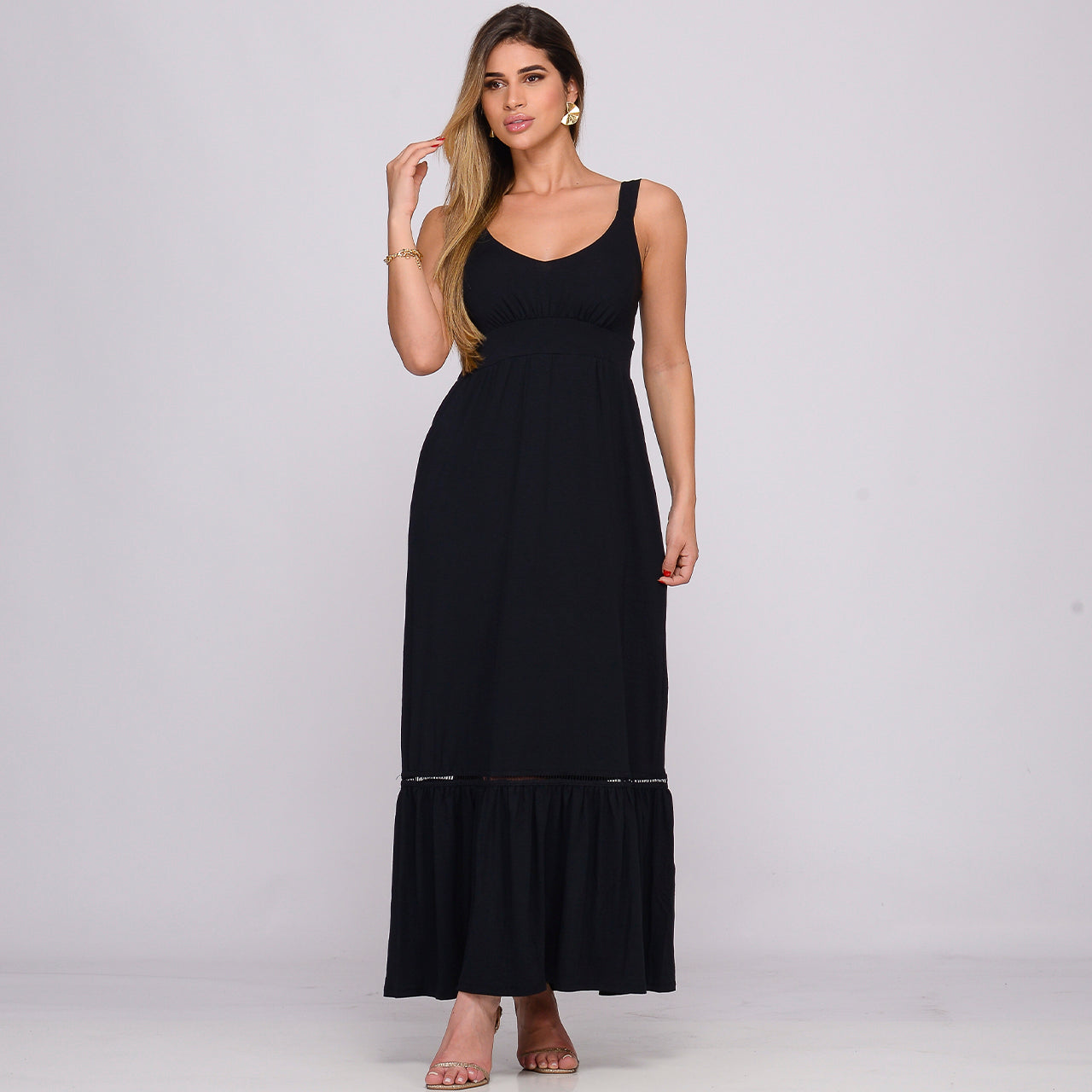 Vestido Longo Alça Barra Guipir com Bojo BBonnie Sarah Preto