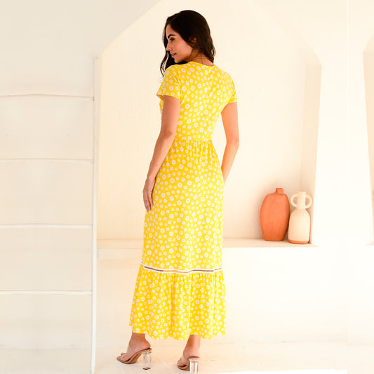 Vestido Longo M/C Barra Guipir  BBonnie Adriana Floral Amarelo