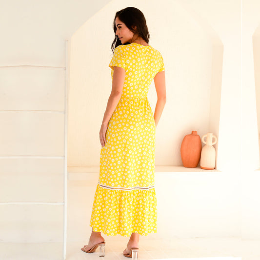 Vestido Longo M/C Barra Guipir BBonnie Adriana Floral Amarelo B'Bonnie