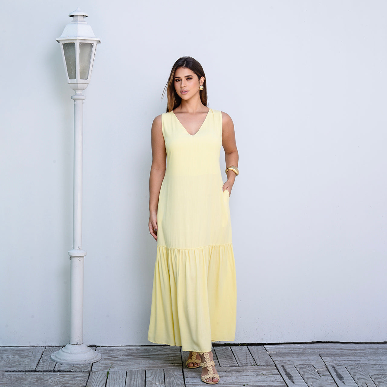 Vestido Longo com Barra Franzida BBonnie Isabelly Amarelo