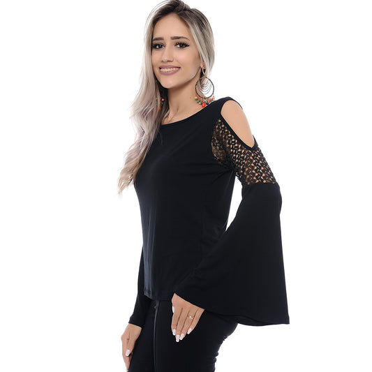 Blusa M/L Flare Ombro Vazado BBonnie Talita Preta