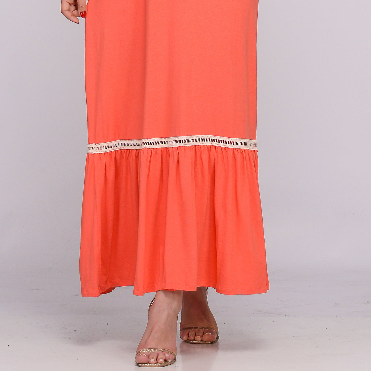 Vestido Longo Alça Barra Guipir com Bojo BBonnie Sarah Coral