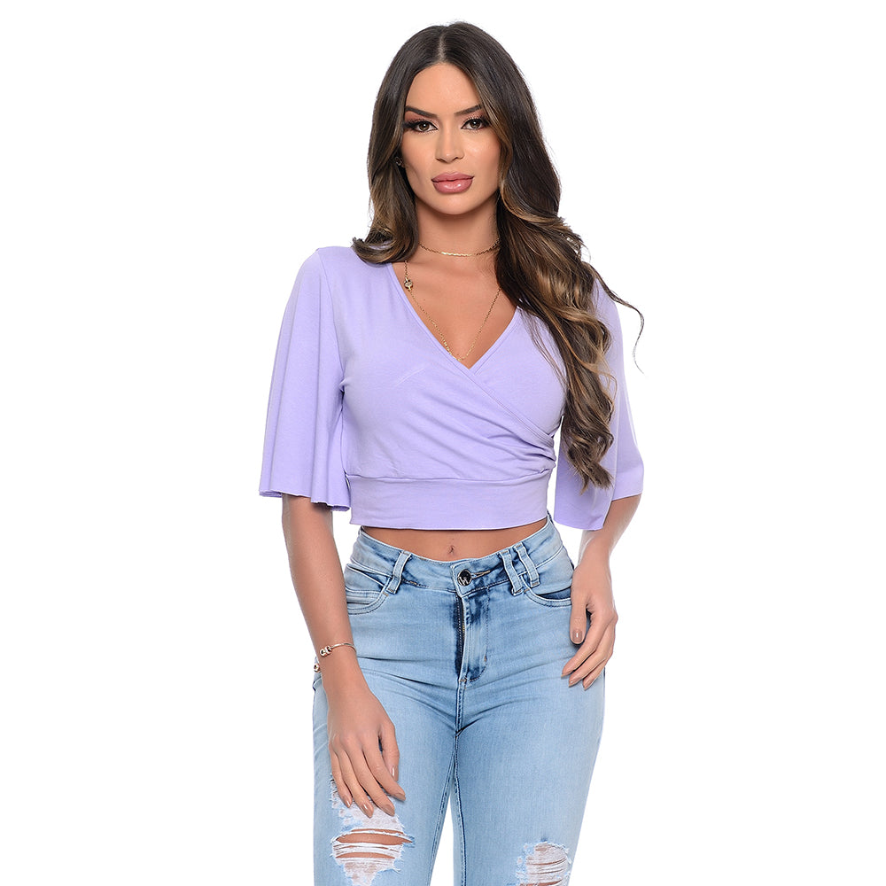 Cropped Manga Flare 3/4 Decote V BBonnie Fiore Preto