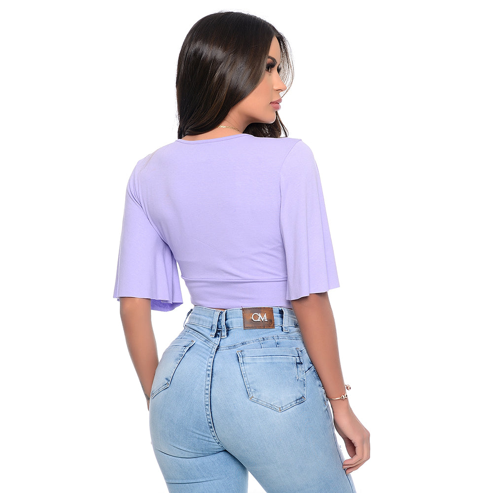 Cropped Manga Flare 3/4 Decote V BBonnie Fiore Preto