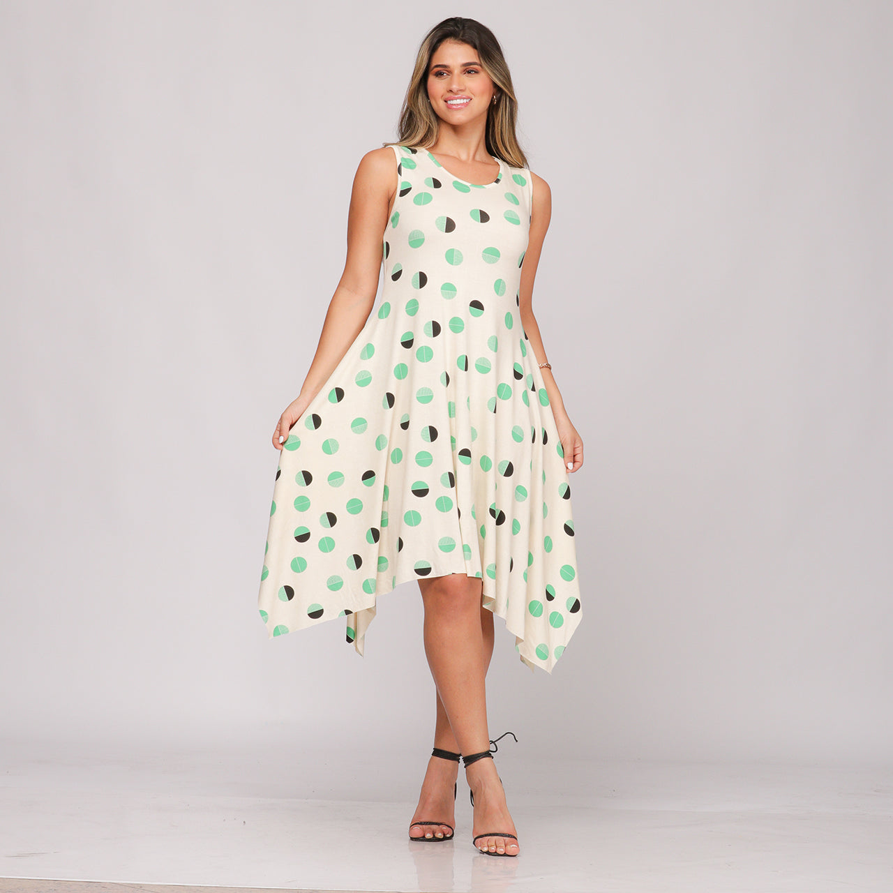 Vestido Midi Assimétrico de Alça BBonnie Mabel Poá Verde BBonnie