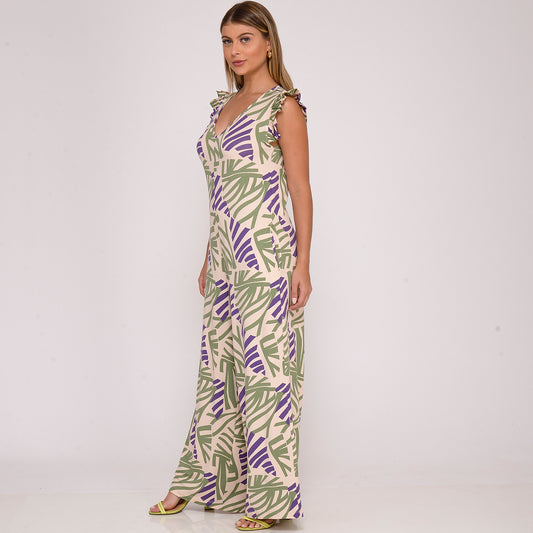 Macacão Pantalona Manga Babado BBonnie Lays Est Roxa