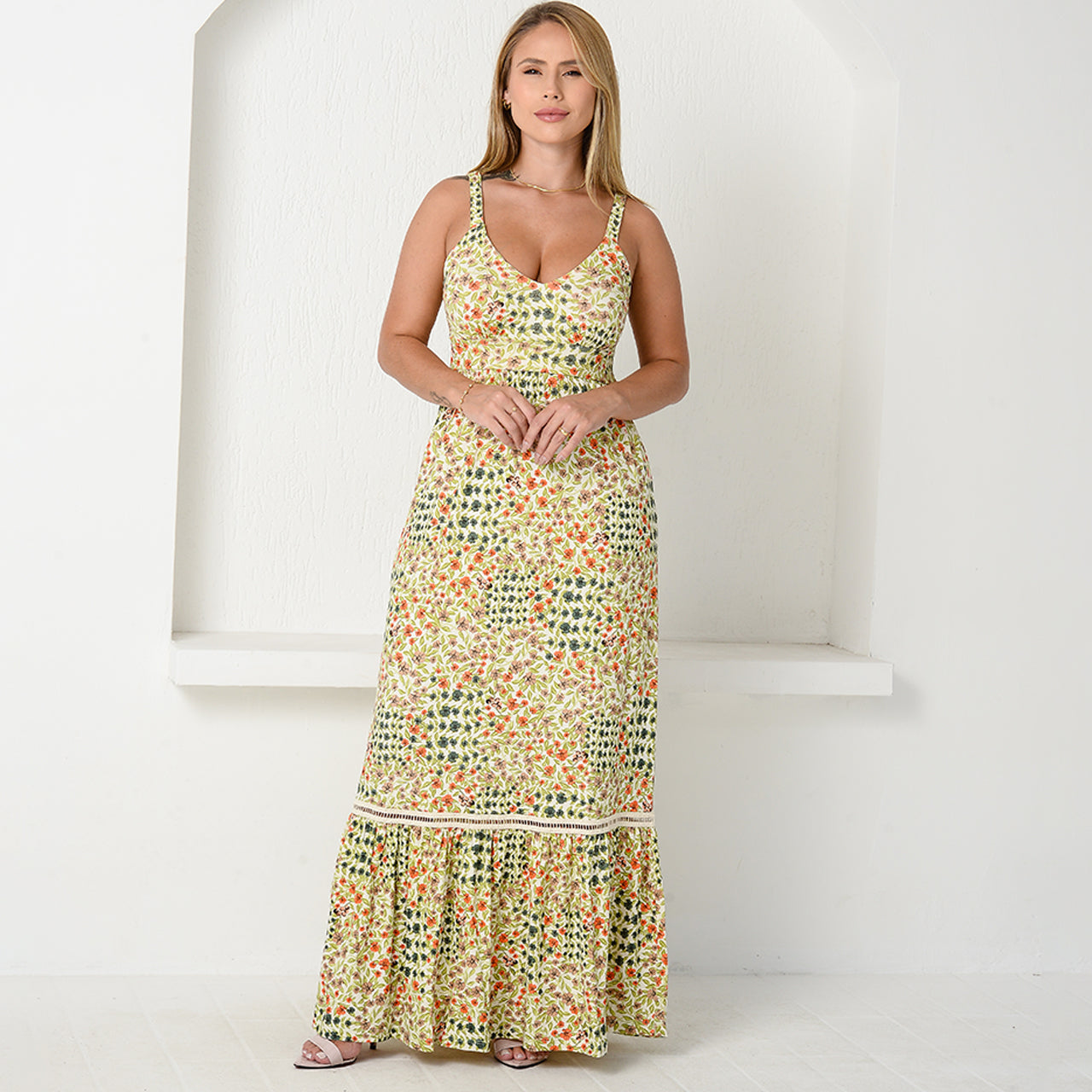 Vestido Longo Alça Barra Guipir com Bojo  BBonnie Sarah Estampados