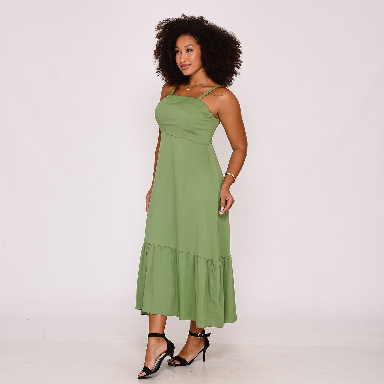 Vestido Midi com Babado na Barra BBonnie Emanuelly Pistache