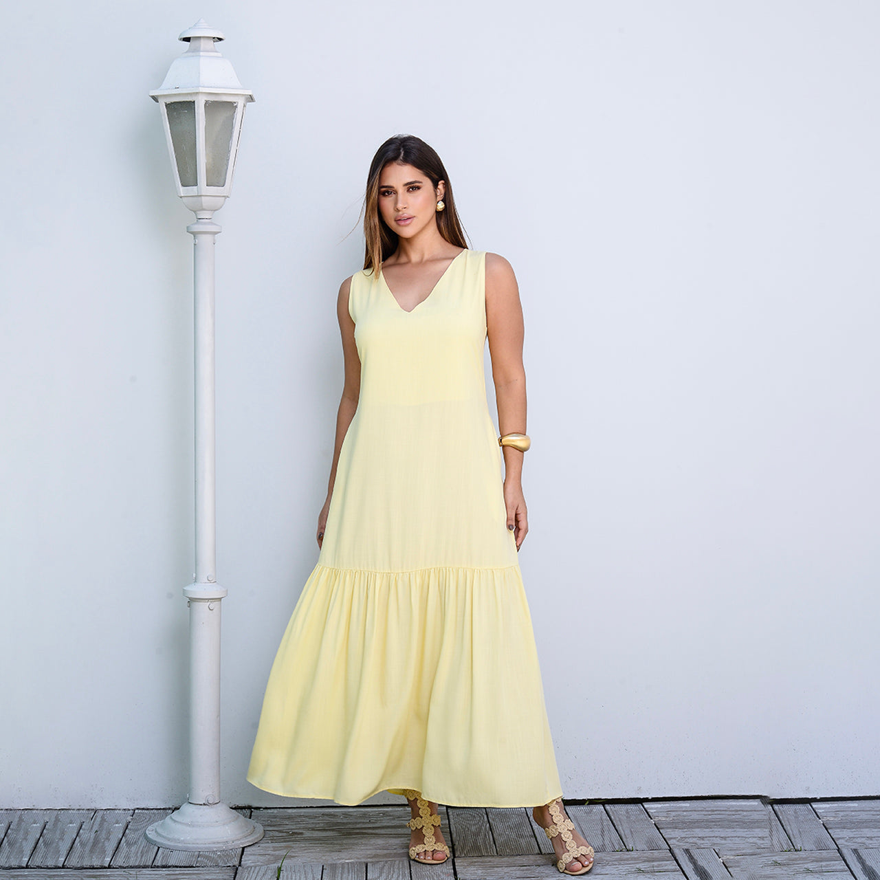 Vestido Longo com Barra Franzida BBonnie Isabelly Amarelo