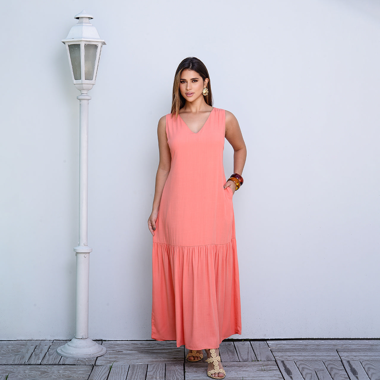 Vestido Longo com Barra Franzida BBonnie Isabelly Coral