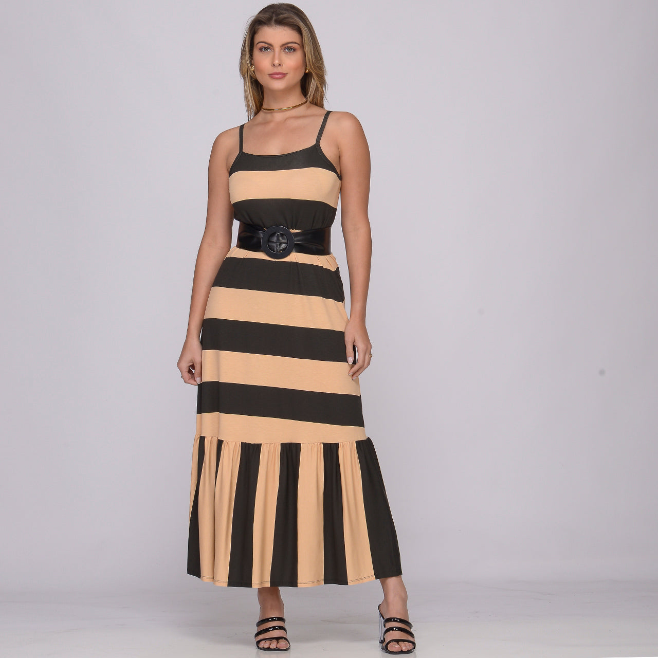 Vestido Longo de Alças Finas e Barra Rodada BBonnie Muriel Listra Bege