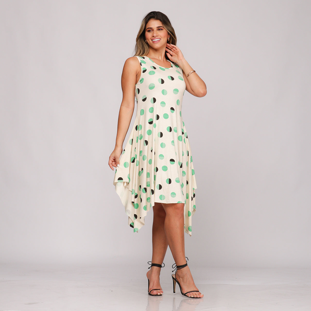 Vestido Midi Assimétrico de Alça  BBonnie Mabel Poá Verde