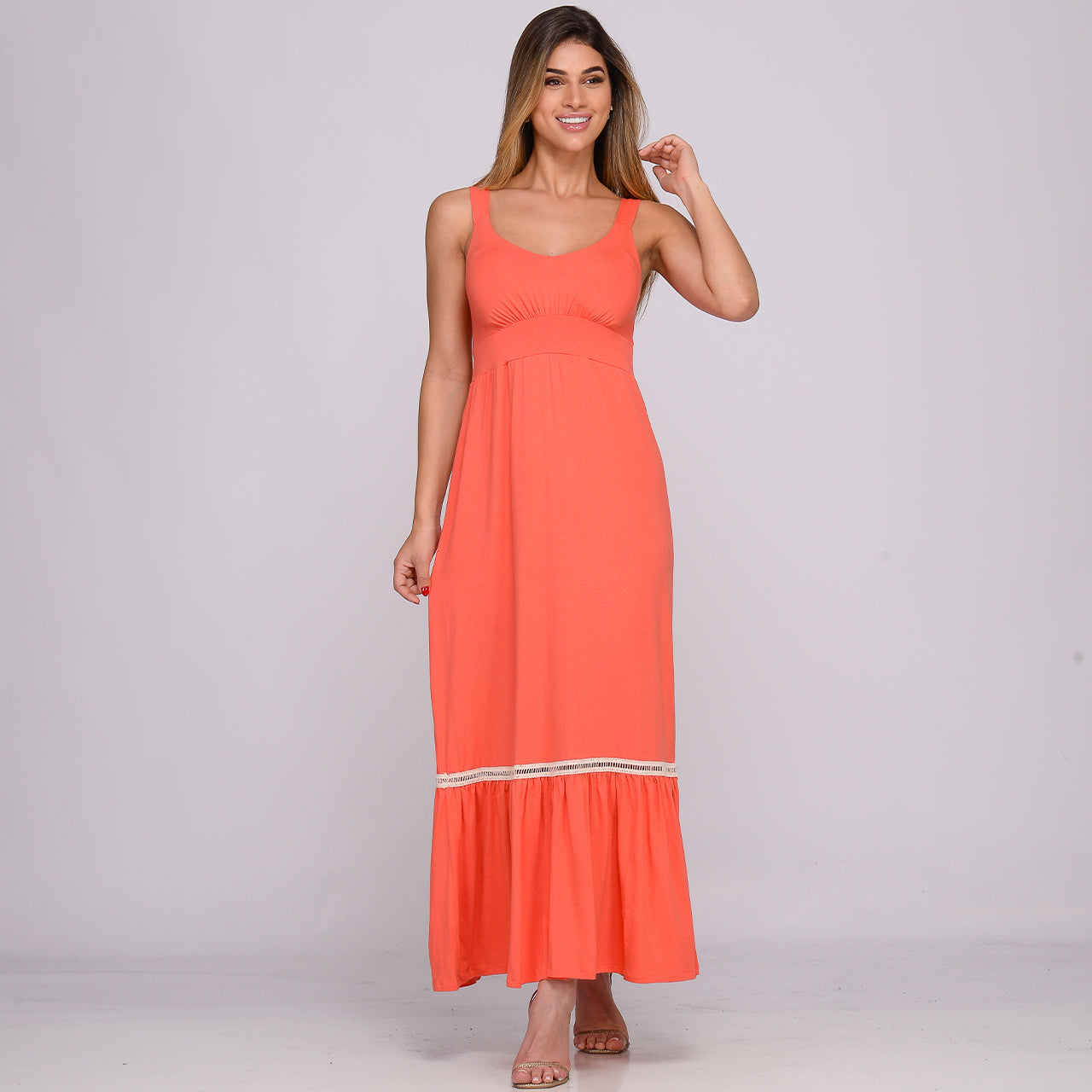Vestido Longo Alça Barra Guipir com Bojo BBonnie Sarah Coral