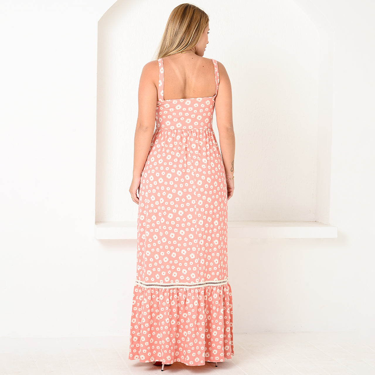 Vestido Longo Alça Barra Guipir com Bojo BBonnie Sarah Floral Rosa