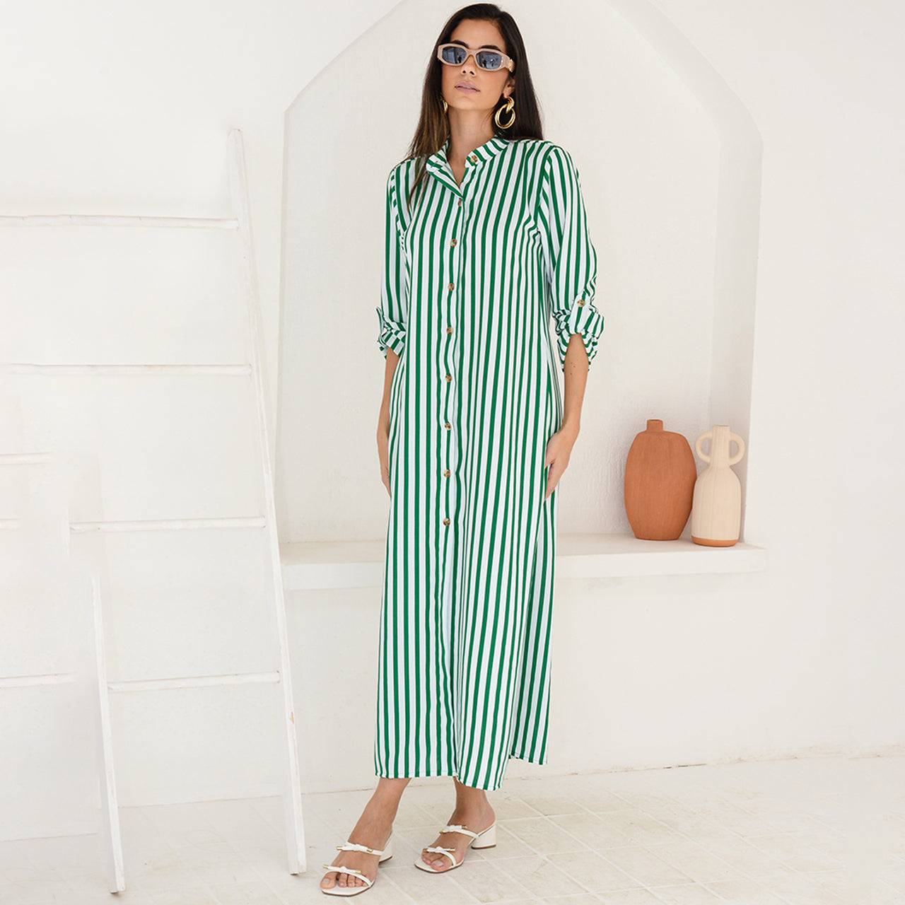 Vestido Chemise Botões M/L B’Bonnie Valentina Listra Verde