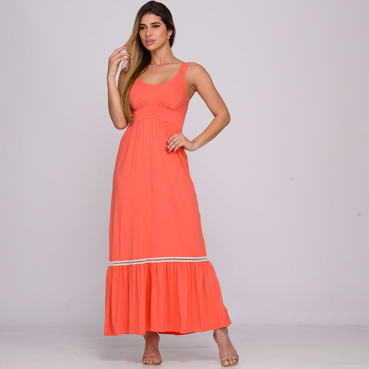 Vestido Longo Alça Barra Guipir com Bojo BBonnie Sarah Coral
