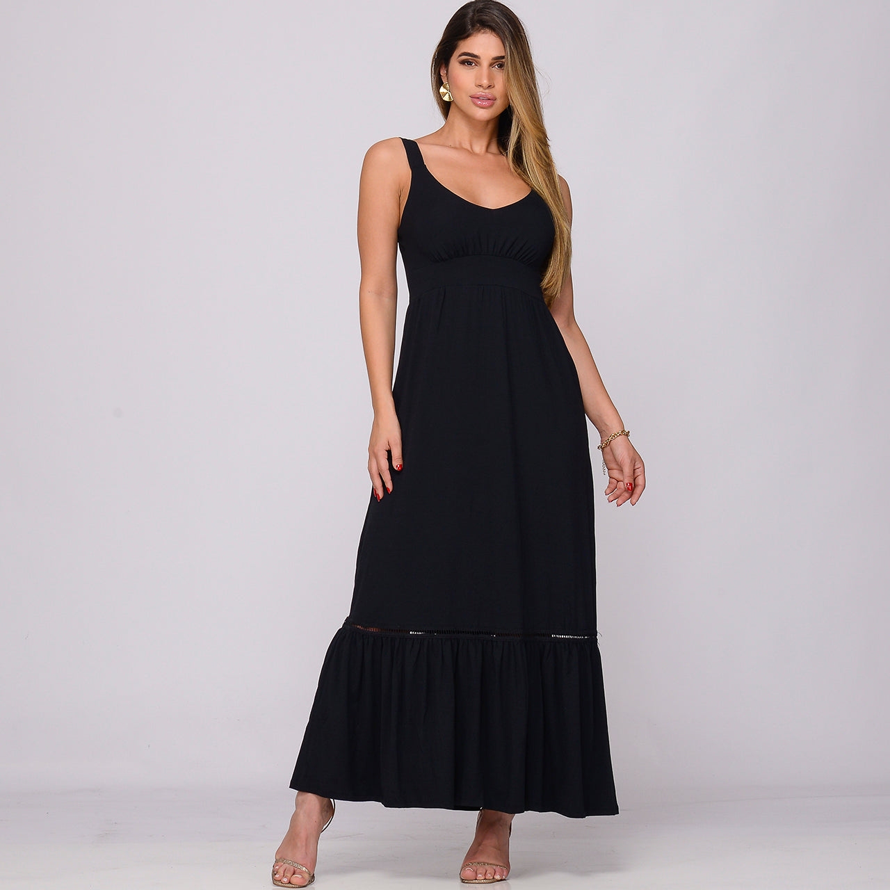 Vestido Longo Alça Barra Guipir com Bojo BBonnie Sarah Preto