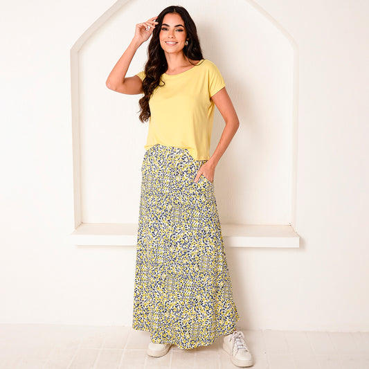 Saia Longa Assimétrica Com Bolsos BBonnie Úrsula Floral Azul