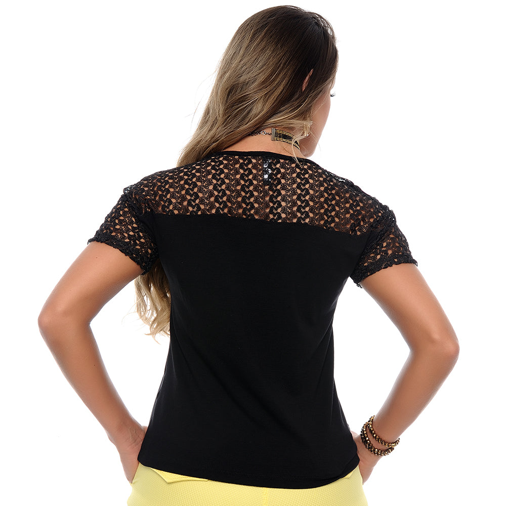 Blusa M/C Detalhe Guipir BBonnie Ivy Preta