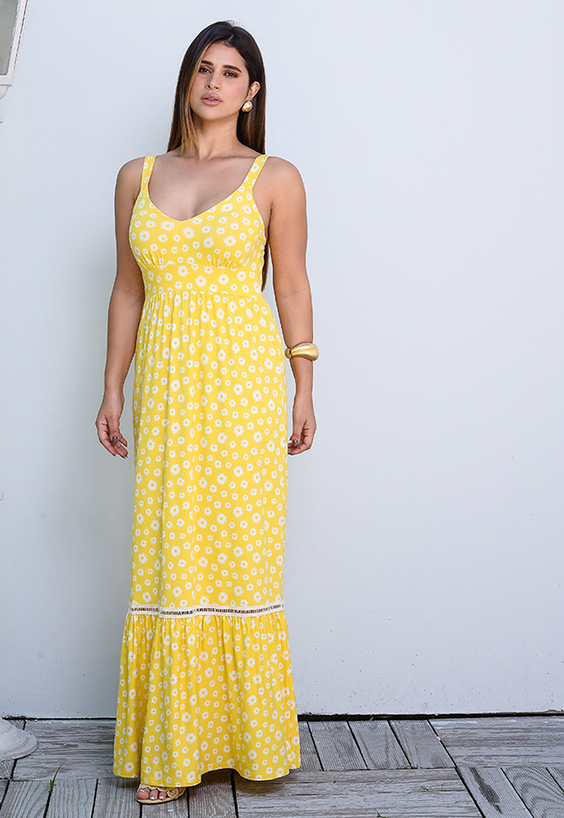Vestido Longo Alça Barra Guipir com Bojo BBonnie Sarah Floral Amarelo