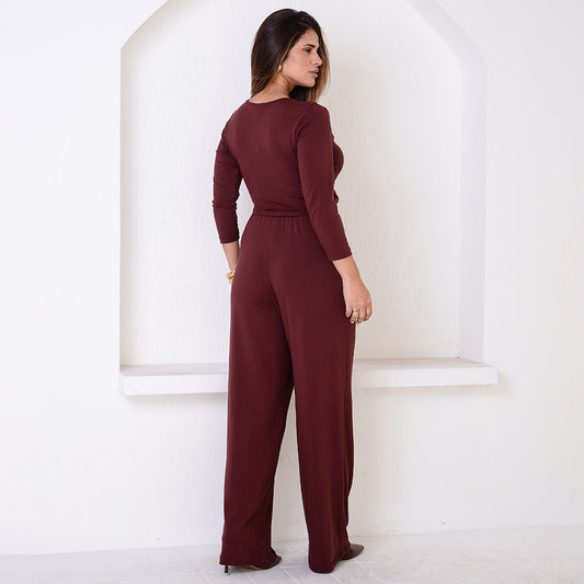 Macacão Pantalona Decote Transpassado BBonnie Florence Marrom B'Bonnie