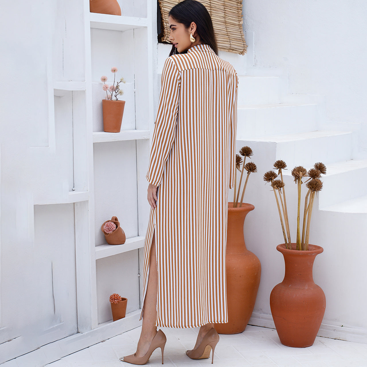 Vestido Chemise Botões M/L B’Bonnie Valentina Listra Caramelo