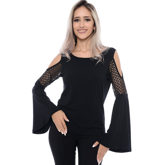 Blusa M/L Flare Ombro Vazado BBonnie Talita Preta