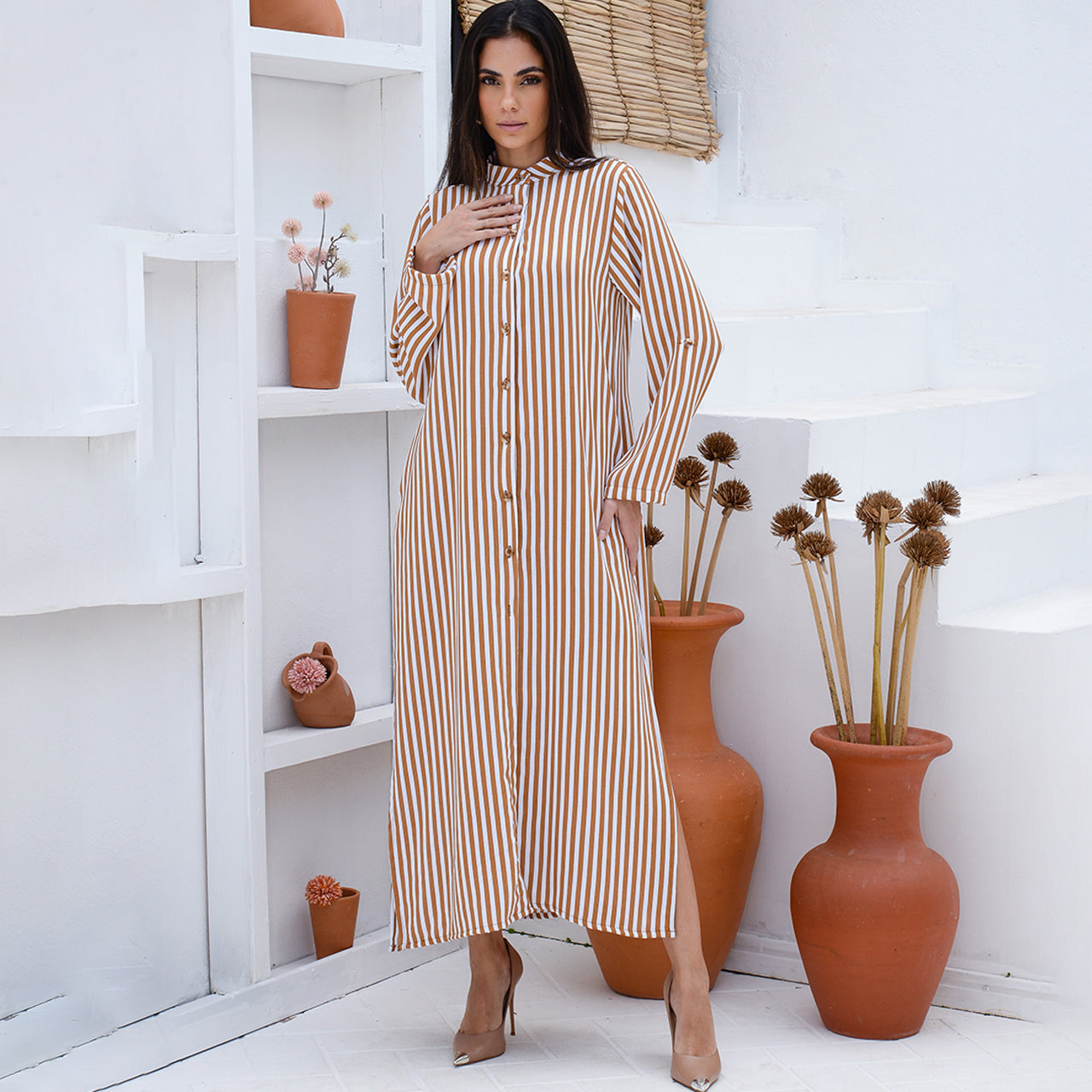 Vestido Chemise Botões M/L B’Bonnie Valentina Listra Caramelo