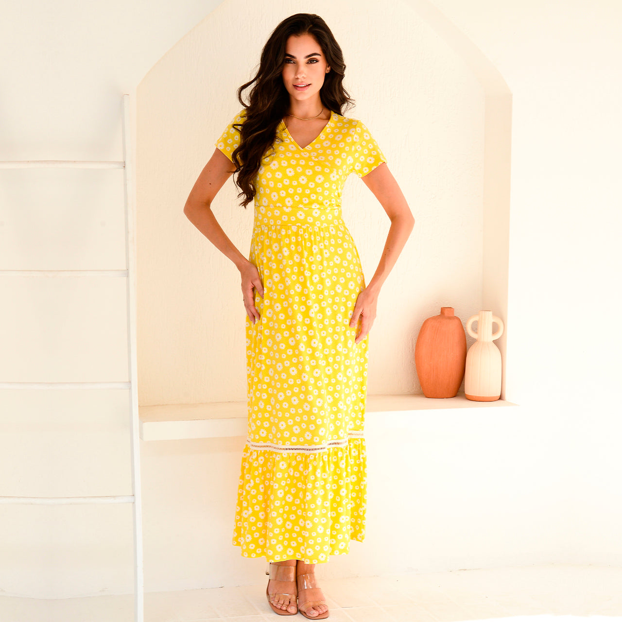 Vestido Longo M/C Barra Guipir BBonnie Adriana Floral Amarelo