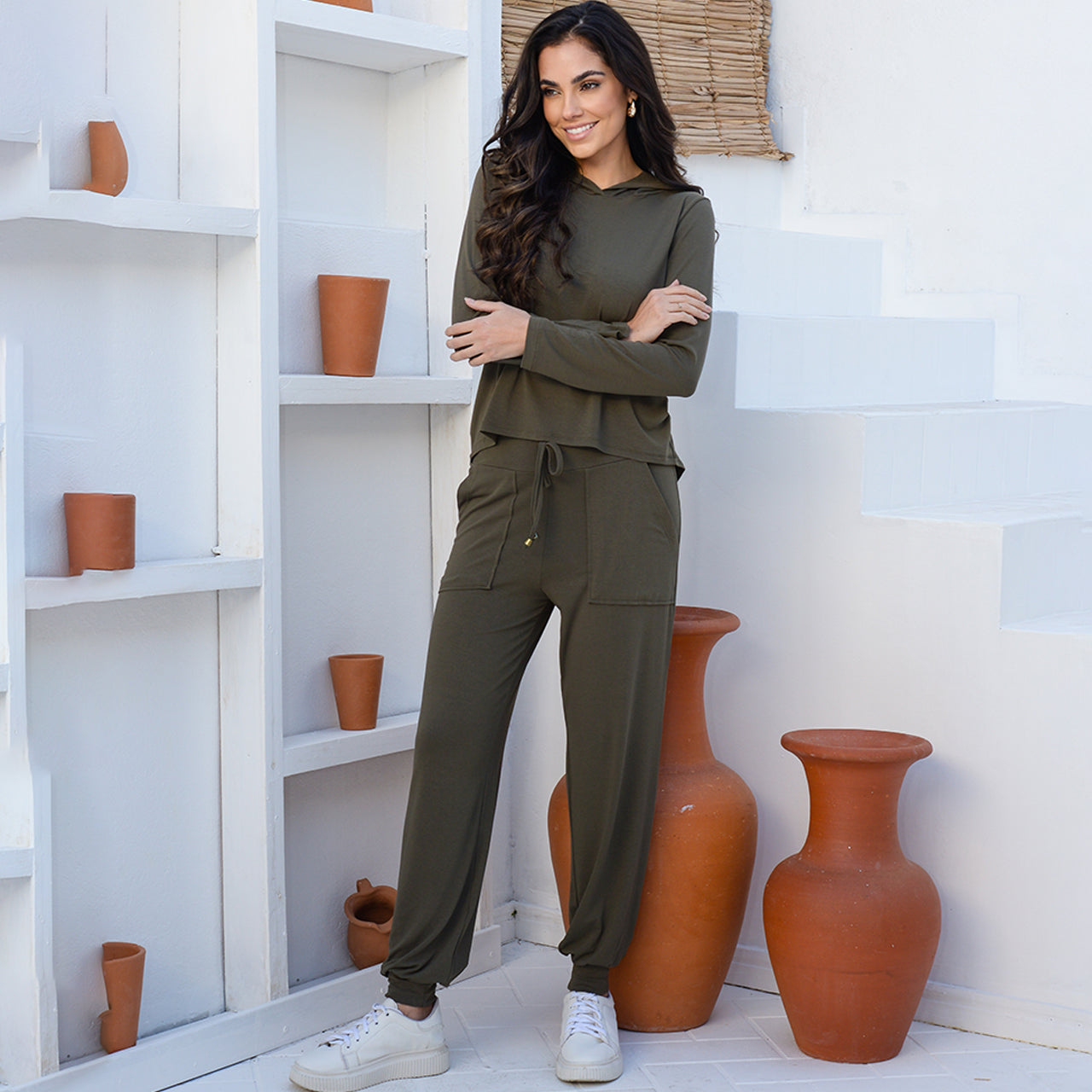Conjunto Calça e Blusa com Capuz BBonnie Suelen Verde Militar