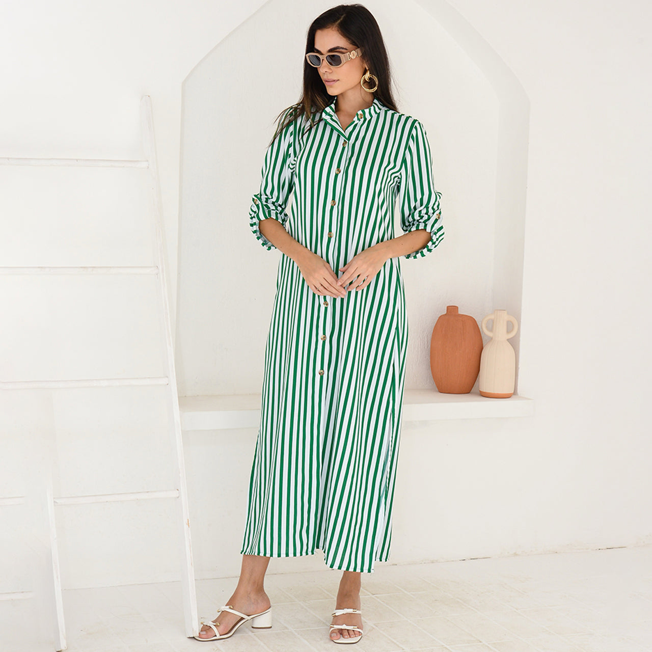 Vestido Chemise Botões M/L B’Bonnie Valentina Listra Verde