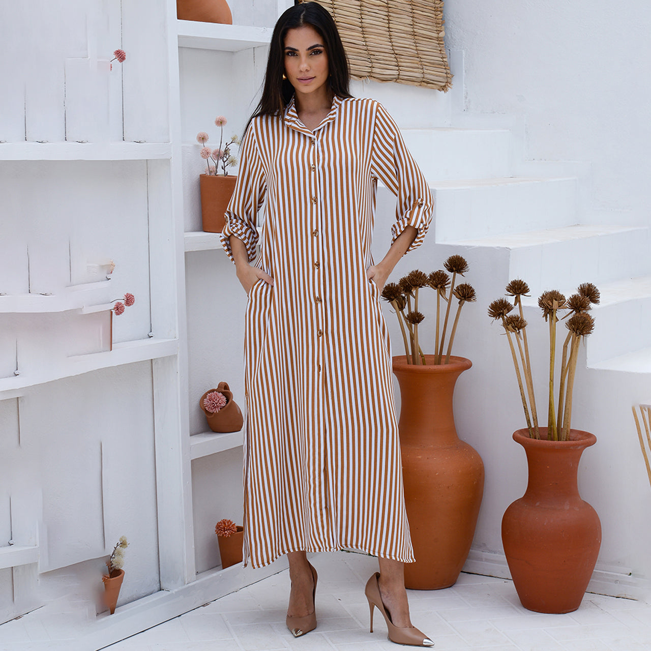 Vestido Chemise Botões M/L B’Bonnie Valentina Listra Caramelo