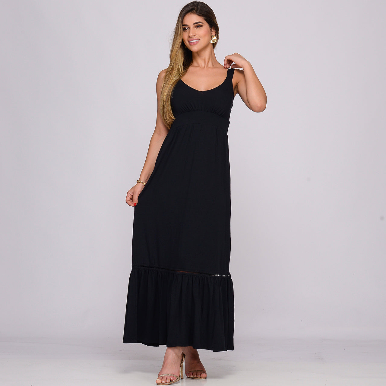 Vestido Longo Alça Barra Guipir com Bojo BBonnie Sarah Preto
