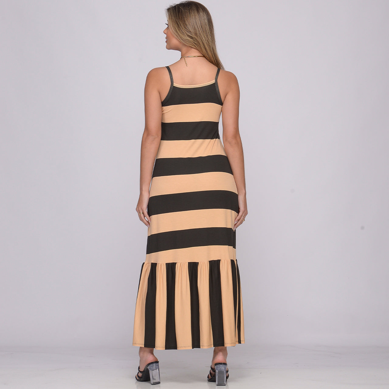 Vestido Longo de Alças Finas e Barra Rodada BBonnie Muriel Listra Bege