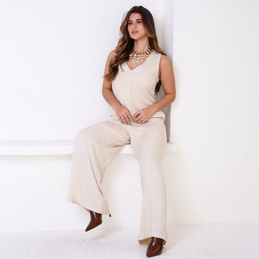 Macacão Pantalona Decote V  BBonnie Bianca Bege