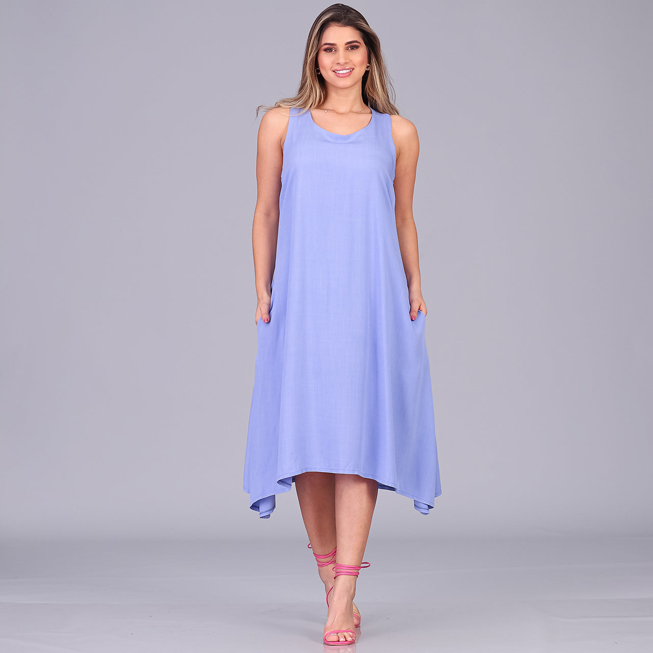 Vestido Midi de Alças e Pontas BBonnie Irma Azul