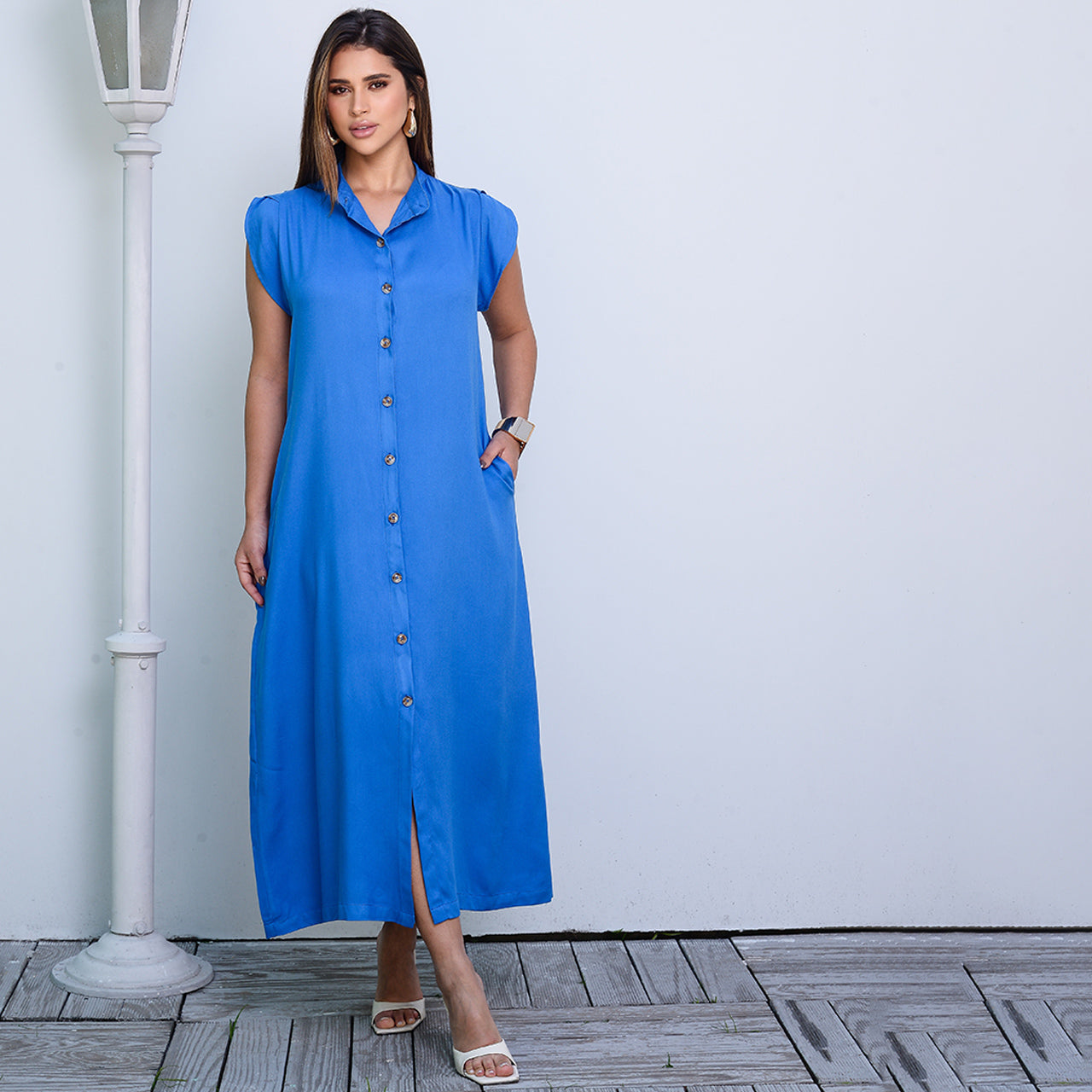 Vestido Chemise Midi Botões M/C BBonnie Sienna Azul