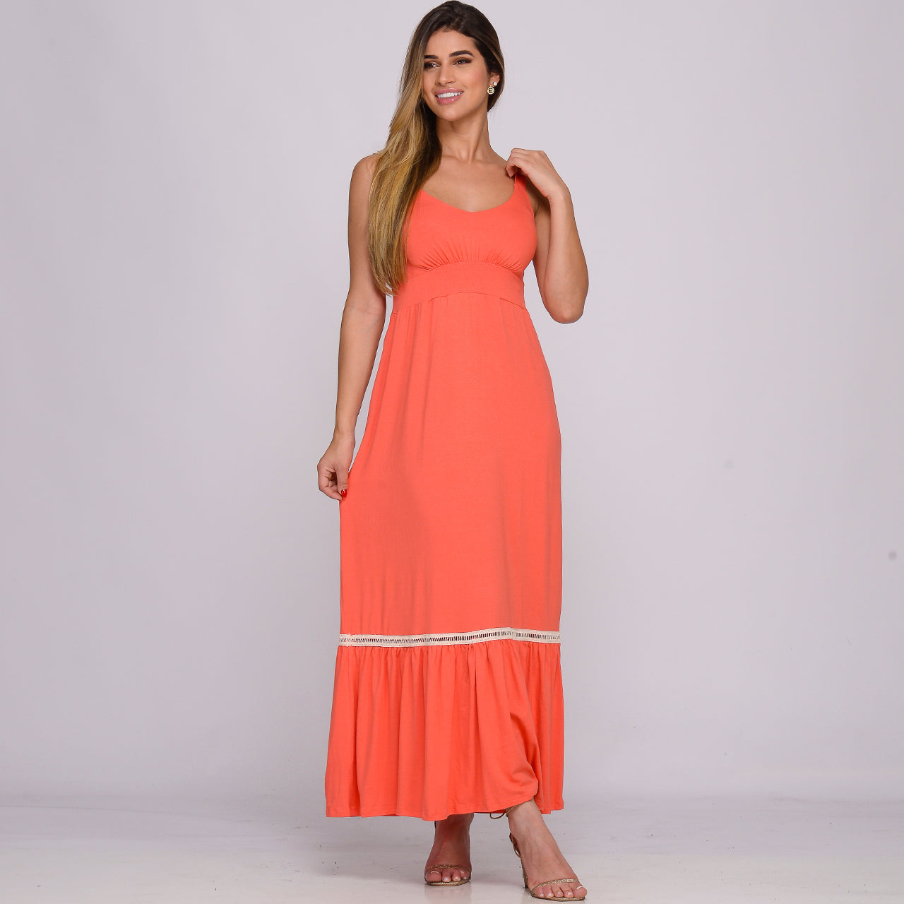 Vestido Longo Alça Barra Guipir com Bojo BBonnie Sarah Coral