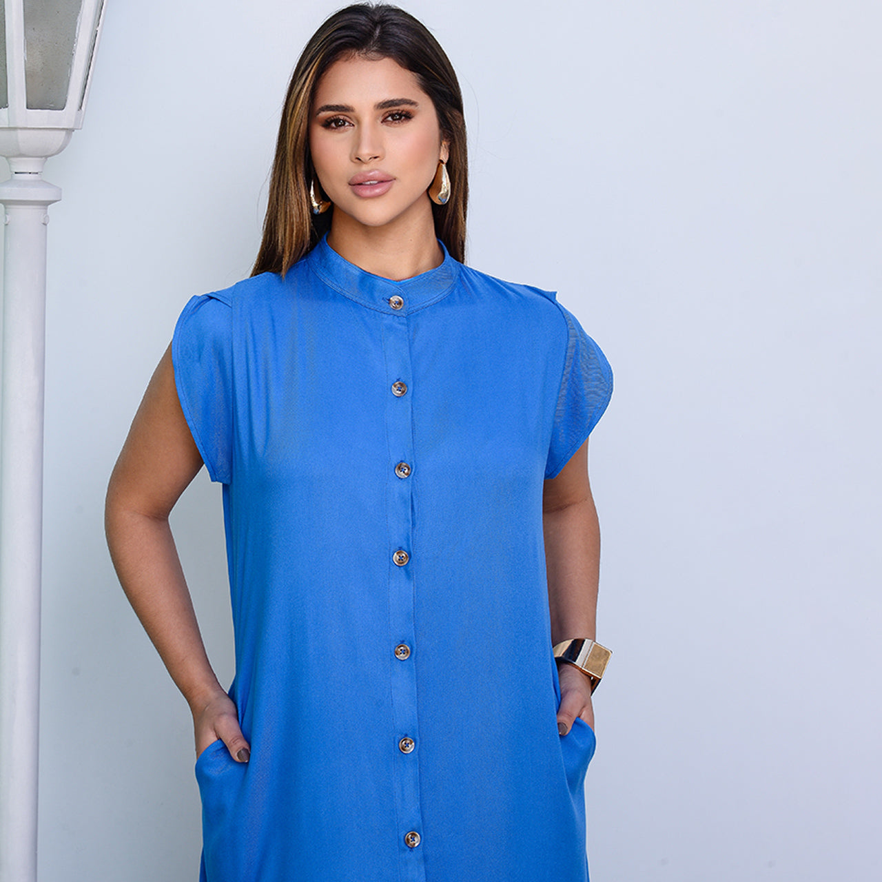 Vestido Chemise Midi Botões M/C BBonnie Sienna Azul