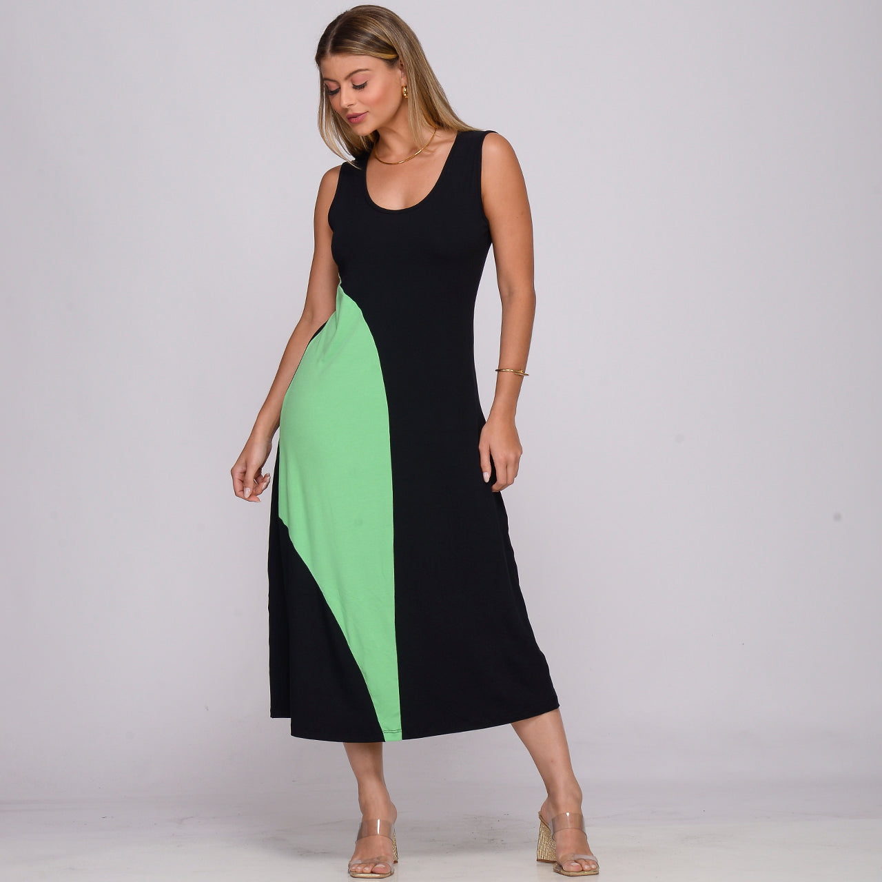 Vestido Midi Alça Larga Regata com Recorte BBonnie Lady Preto/Verde