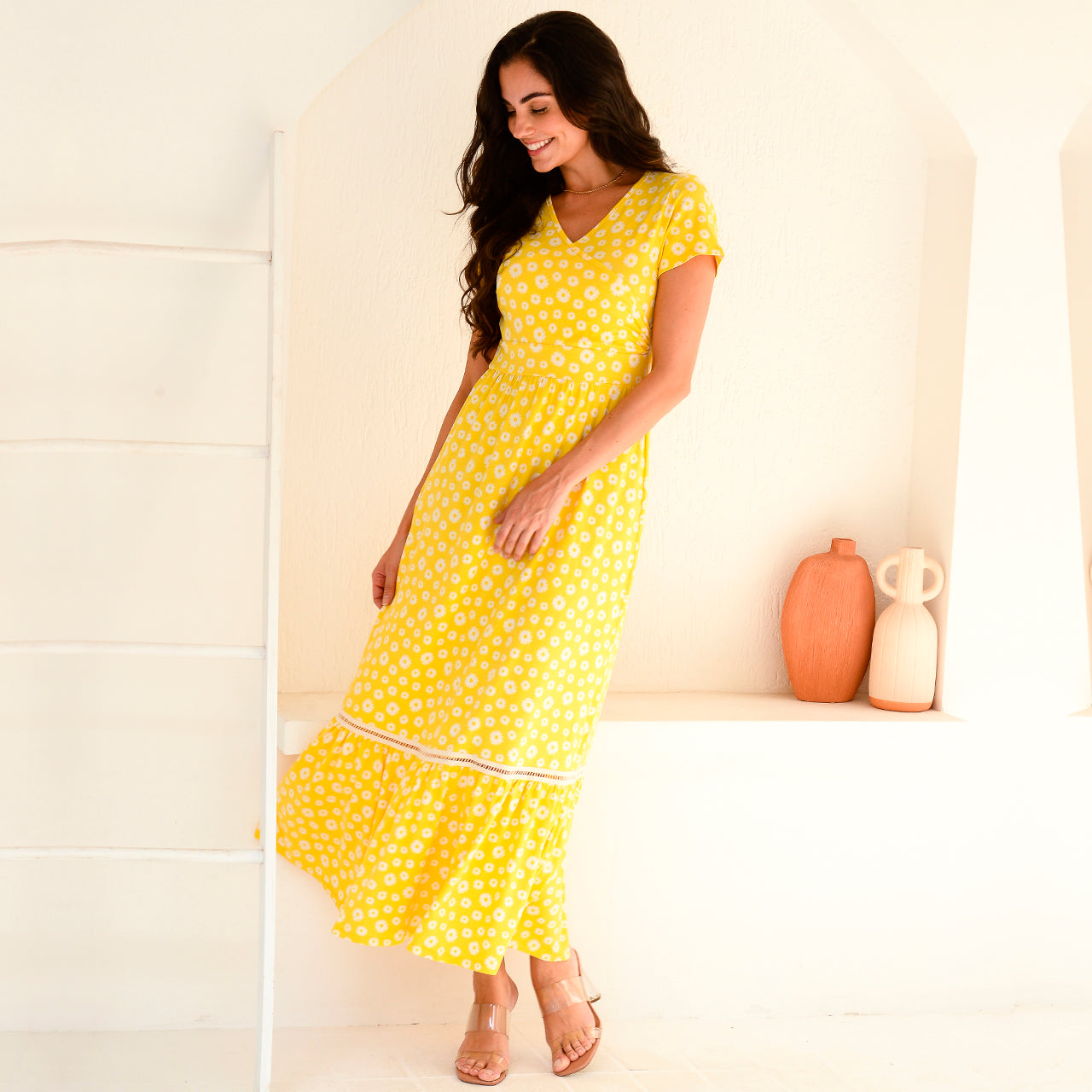 Vestido Longo M/C Barra Guipir BBonnie Adriana Floral Amarelo