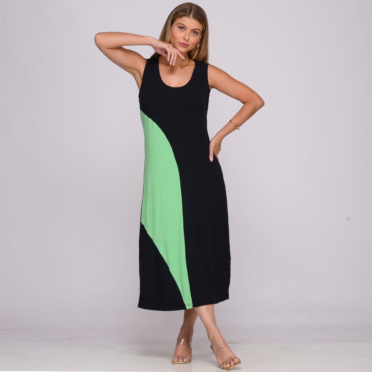Vestido Midi Alça Larga Regata com Recorte BBonnie Lady Preto/Verde