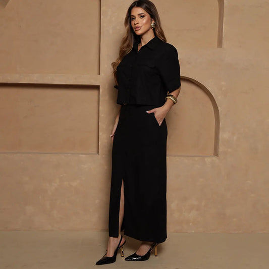 Conjunto Nanda BBonnie Feminino Camisa Cropped e Saia Longa com Linho
