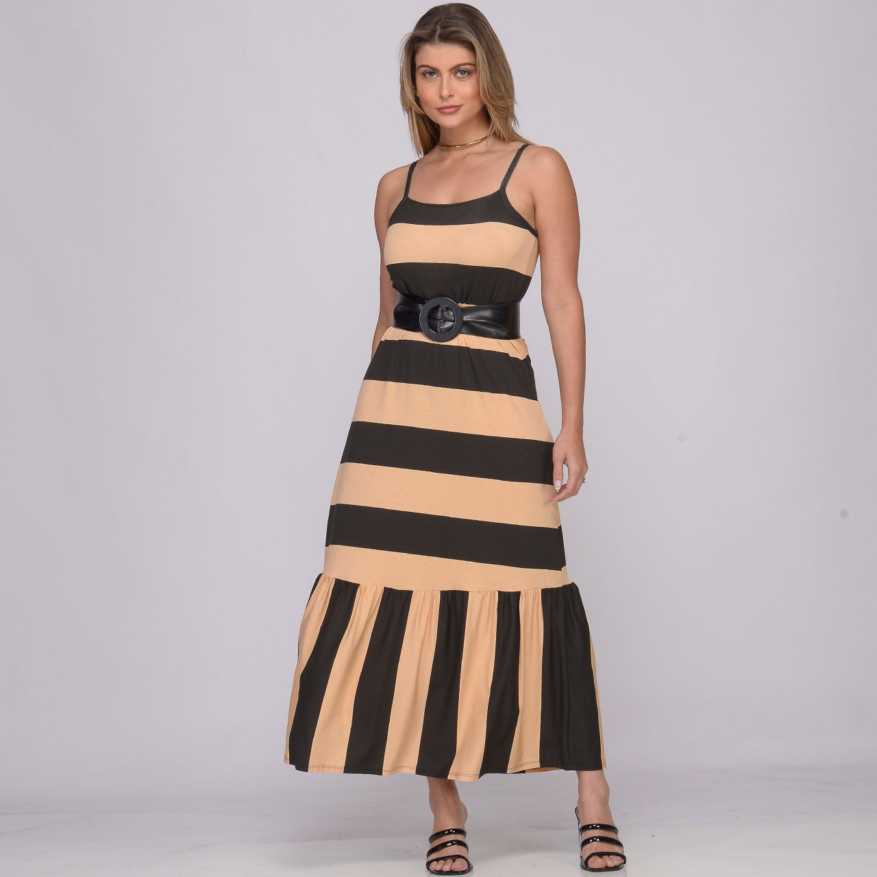 Vestido Longo de Alças Finas e Barra Rodada BBonnie Muriel Listra Bege